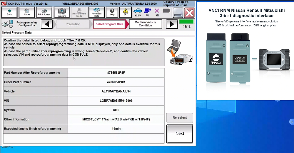 Use VNCI RNM to do 2020MY TEANA ABS module progtramming